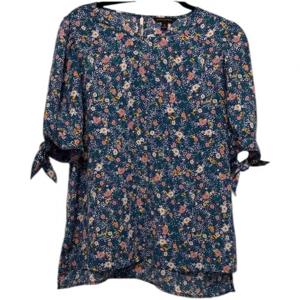Banana Republic Floral Print Tie Sleeve Blouse Top Navy Pink‎ Yellow Size M